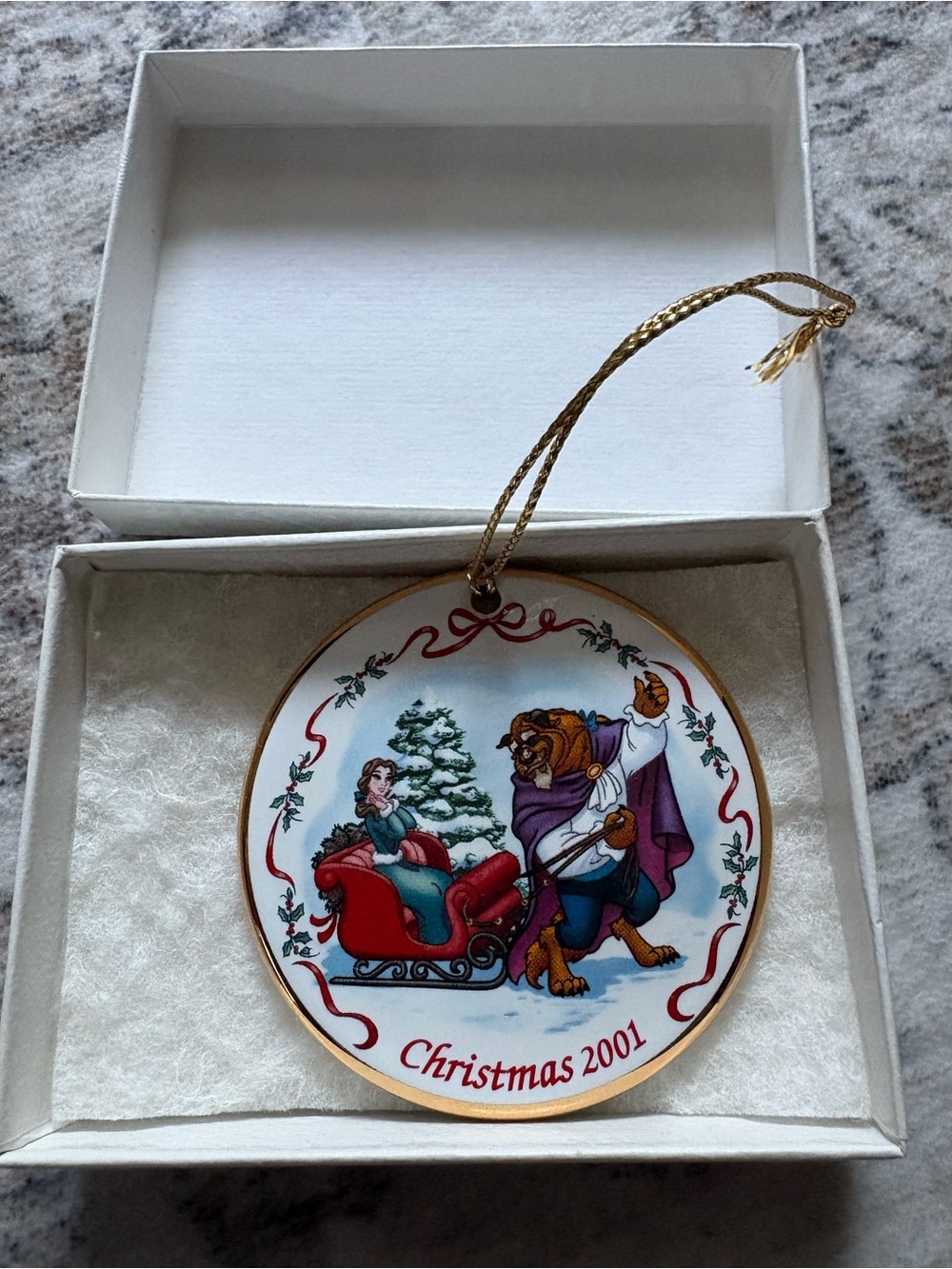 VTG 2001 Beauty The Beast Belle Christmas Disney Grolier Porcelain Disk Ornament